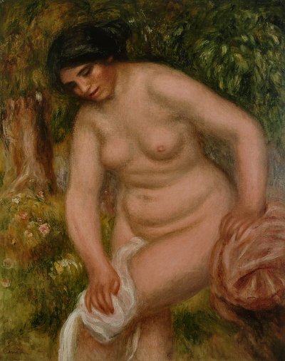 De bruine badster Gabrielle droogt zich af door Pierre Auguste Renoir